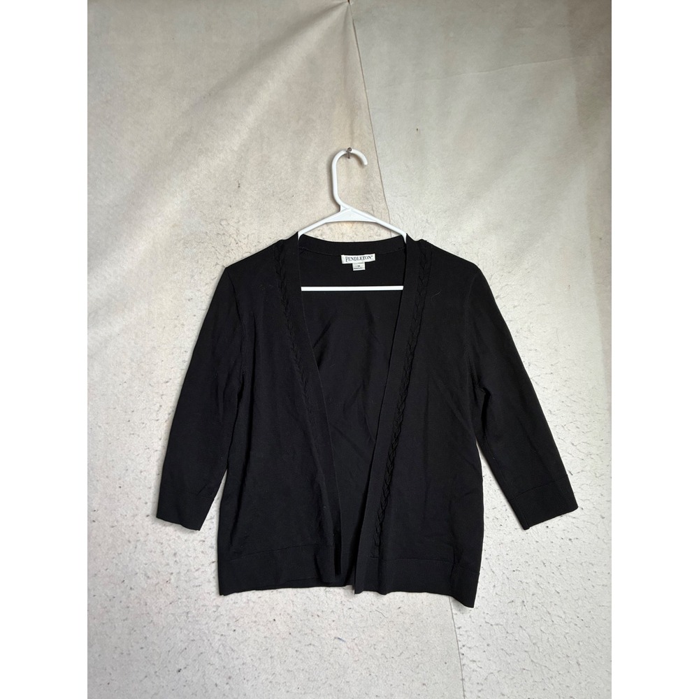 Pendleton Silk Blend Open Front Cardigan Black Cable Trim 3/4 Sleeve TC551-60001